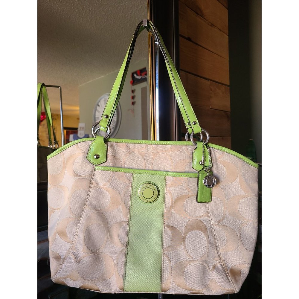 Coach f19203 Signature Stripe Pocket Tote Khaki and Lime Green Est. 1941 Tags